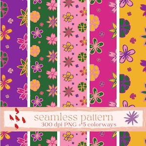 Op de afbeelding: Een naadloos patroonontwerp met kleurrijke bloemarrangementen in verschillende kleurstellingen. Het ontwerp bevat bloemen in tinten paars, roze, geel, groen en oranje. De tekst "seamless pattern" is inbegrepen.