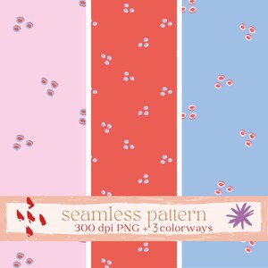 Op de afbeelding: Naadloos patroonontwerp met drie kleurstijlen: roze, rood en blauw. Elke kleurstijl heeft een herhalend patroon van kleine, abstracte vormen in rood, wit en blauw. De tekst "seamless pattern" wordt in een banner weergegeven.