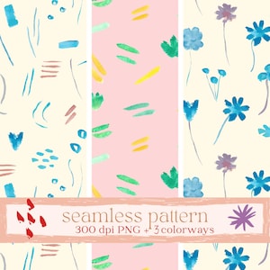 Op de afbeelding: Drie naadloze aquarelpatronen. Eén toont abstracte vormen in blauw, turquoise en bruin op een crèmekleurige achtergrond. Een ander heeft groene en gele penseelstreken op roze. De derde toont blauwe en paarse bloemen op crème.