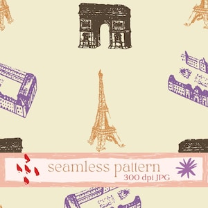 Op de afbeelding: Naadloos patroon met illustraties van Parijse bezienswaardigheden, zoals de Eiffeltoren en de Arc de Triomphe, in bruin, paars en oranje op een crèmekleurige achtergrond. De tekst "seamless pattern" staat op een roze banner.