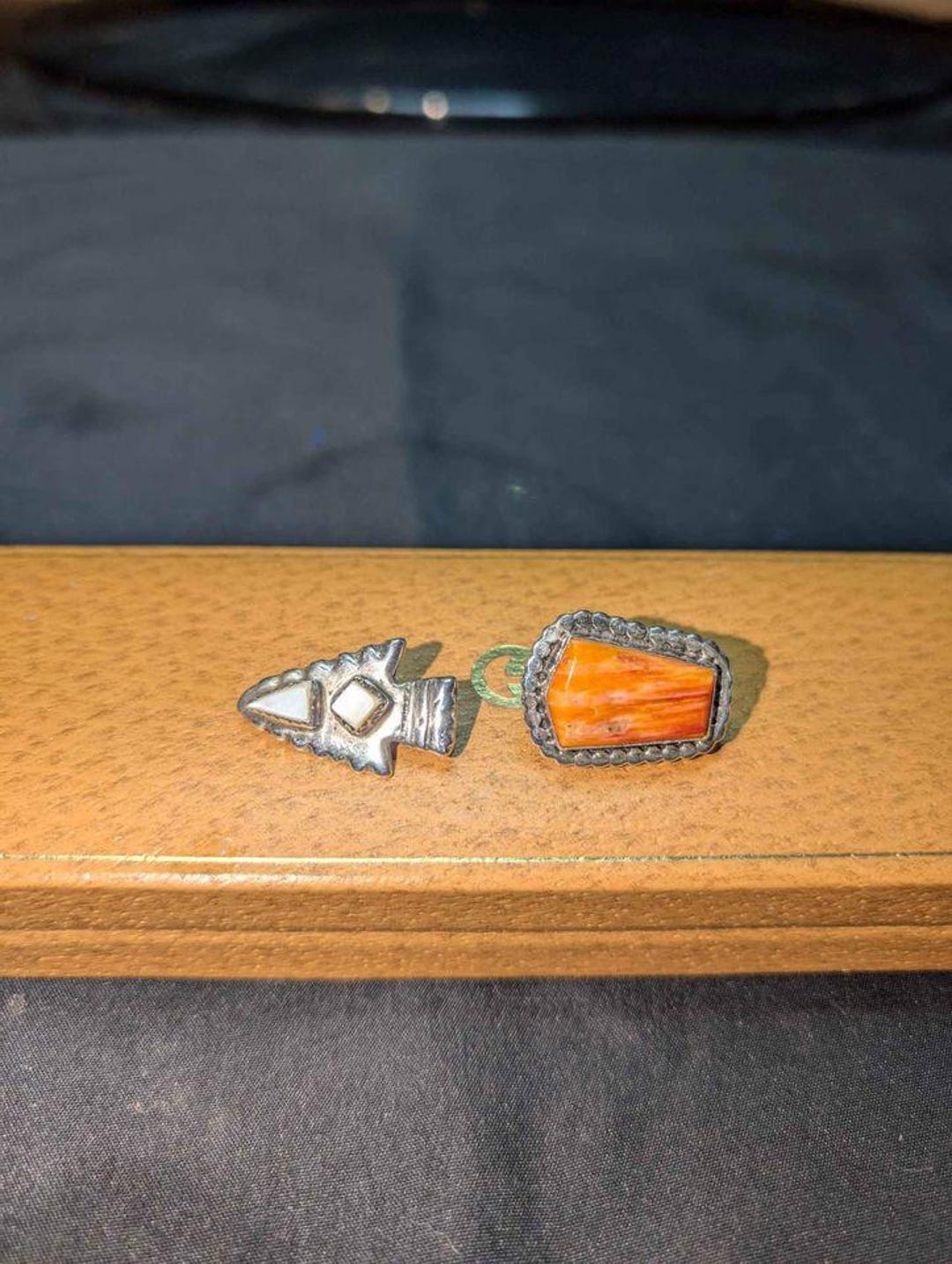Lot of Two Navajo Orange Spiny Oyster Shell Native American Silver MOP ...