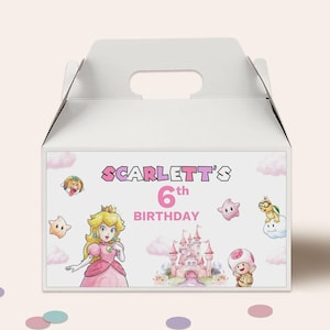 May include: White party favor box with a princess theme. The box features the text "Scarlett's 6th Birthday" with illustrations of a princess, castle, stars, and other characters. The box has a handle for easy carrying.