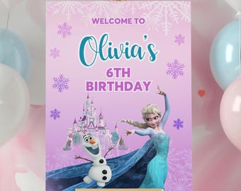 Cartel de bienvenida de cumpleaños de Elsa de Frozen, decoración de fiesta editable (descarga digital)