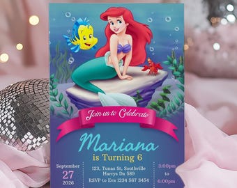 Little Mermaid Birthday Invitation, Ariel Party, Editable Template (CANVA)