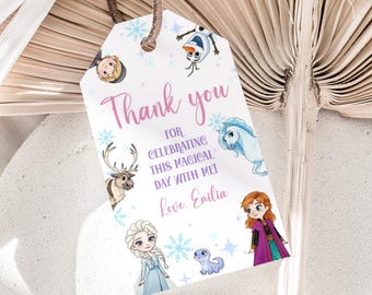 Frozen Party Favor Tags: Editable Birthday Thank You Tags (Canva Template, Digital Download), B660