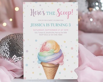 Pastel Ice Cream Birthday Invitation, Girl Birthday Party (Instant Download)