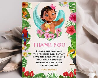 Moana Birthday Thank You Card, Tropical Princess, Editable Canva Template (Printable File)