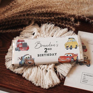 Embalagem de chocolate para aniversário de carros, qualquer idade, iluminação para meninos, McQueen, decoração de festa de carro de corrida, rótulos de barra de chocolate, modelo editável para impressão, B622