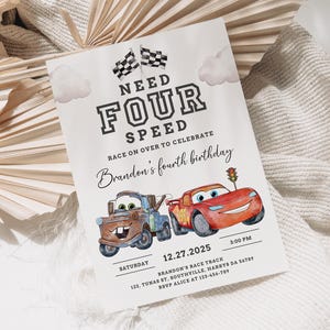 May include: A printed invitation with the text "Need Four Speed" and "Race on over to celebrate Brandon's fourth birthday." Features illustrations of two cartoon race cars. The invitation is on a white background with a beige decorative element.