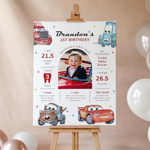 Cars Birthday Milestone Board, Lightning Mcqueen Poster, Cars Party Milestone Stats, Tow Mater Welcome Banner, Fast One, Canva, B624