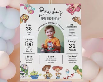 Toy Story Birthday Milestone Board, Toy Story Birthday Milestone Stats, Toy Story Birthday Welcome Banner, Toy Story Milestone, Canva, B625