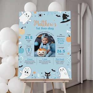 EDITIERBARE Gruselige Geburtstags-Meilensteinzeichen, Halloween-Meilenstein 1. Geburtstags-Fototafel, unser kleines Boo-Geburtstagsplakat, bedruckbar, Canva