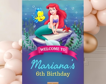 Cartel de bienvenida de cumpleaños de La Sirenita editable (Descarga digital)
