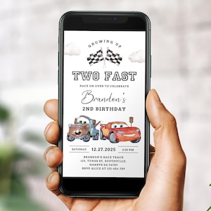 Two Fast Cars Birthday Invitation, 2nd Birthday Mobile Invite, Digital Invitation, Lightning McQueen Evite, Editable Personalized Canva B622