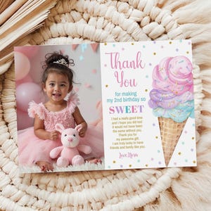 Ice cream birthday Photo thank you card Ice cream thank you note Here&#39;s the Scoop Pink Mint Purple Girl Birthday Printable Editable, B331