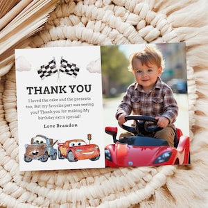 May include: A thank you card with a photo of a child in a red toy car. The card features the text "THANK YOU" and a message about a birthday. Cartoon cars and checkered flags are also shown.