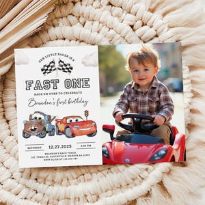 Editable Fast One Birthday Invitation with photo, Cars Lighting McQueen Invitation, Race Car 1st Birthday with a picture, Digital Canva B623