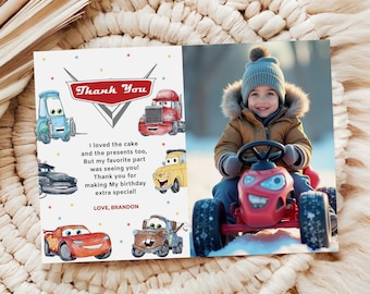 Tarjeta de agradecimiento de cumpleaños de Cars con foto de Lightning McQueen, tarjeta de agradecimiento de cumpleaños con diseño de coche de carreras. Plantilla de Canva fácil de editar. Archivo editable, B624.