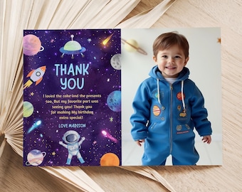 Editable Space Birthday Thank You Card, Galaxy Astronaut (Digital Template)