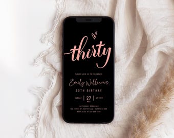 Black Rose Gold 30th Birthday E-Invite (Digital Download)