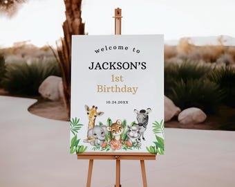 Bewerkbaar Safari-verjaardagsbord, jungledieren (direct downloaden)