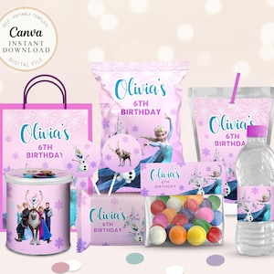 Frozen Party Pack, Elsa party favor, Frozen Winter party package, Printable Birthday Bundle, Olaf Elsa Pink, Editable party pack, Canva B091