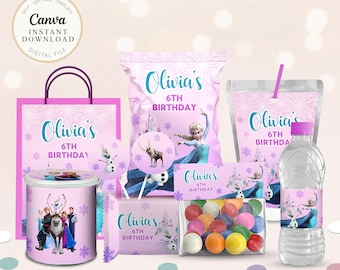Frozen Birthday Party Pack, Pink Winter Wonderland, Editable Canva (Digital Download)