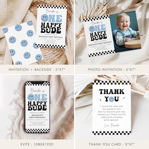One Happy Dude 1st Birthday Bundle with Customizable Invitations, Milestones, Baby blue Decorations, Modern Smiley Face 1st Birthday, B498