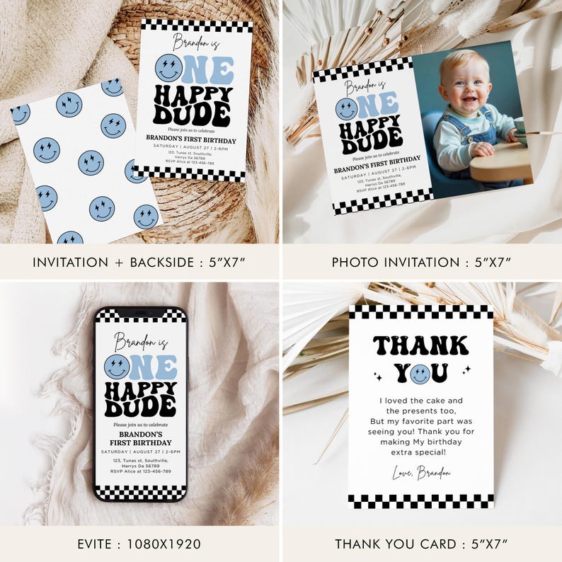 One Happy Dude 1st Birthday Bundle with Customizable Invitations, Milestones, Baby blue Decorations, Modern Smiley Face 1st Birthday, B498