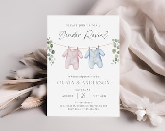 Boho Gender Reveal Invitation, Vintage Baby Clothes, Editable Invite Template (Digital Download)