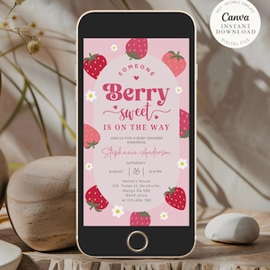 Sweet Baby Shower Uitnodiging Bewerkbaar Blush Berry mobiel digitaal, Berry Sweet uitnodiging Strawberry Babyshower, telefoon Evite, canvas