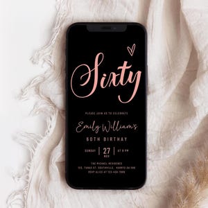 Digital 60th Birthday Party Invitation, Sixtieth Birthday Invitation Women, Black Rose Gold Evite, Editable Template Sixty, Mobile Phone