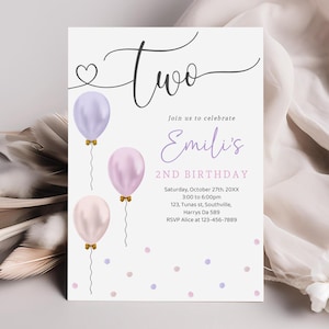 Convite de segundo aniversário para menina editável, convite para dois aniversários, balões pastel rosa roxo com laço dourado, download digital para festa de segundo aniversário