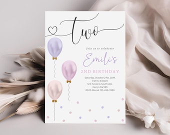Girl 2nd Birthday Invitation, Pink Purple Balloons, Editable Template (Digital Download)