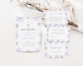 Redigerbar snöflinga-babyshowerinbjudningspaket, En liten snöflinga är på väg, vinterinbjudningspaket för flickor, utskrivbar duschinbjudan, B667