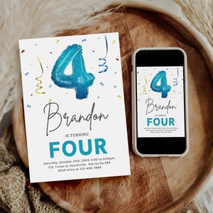 Invito per il 4° compleanno di un ragazzo, coriandoli colorati, invito a 4 palloncini modificabile, modello Canva stampabile, invito digitale per telefono cellulare, B522
