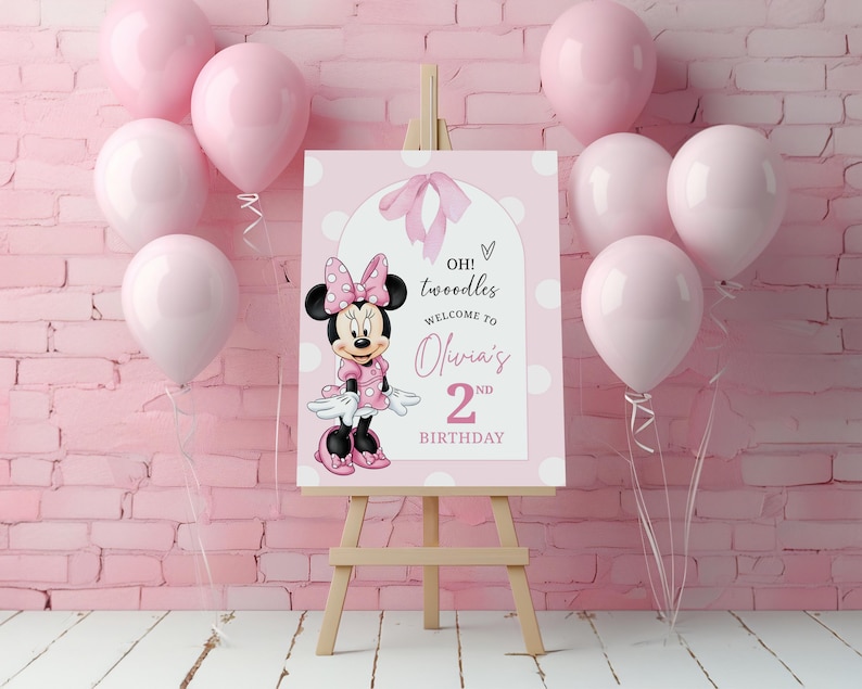 Minnie Mouse TwoDles Birthday Welcome Sign Template | Editable Printable Party Sign | Canva Digital Download | Girl Birthday Decoration