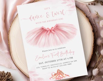 Op de afbeelding: Roze en witte uitnodiging met een aquarel-illustratie van een roze tutu en balletten. De tekst luidt "Let's dance & twirl with the birthday girl. Please join us to celebrate Emilia's First Birthday. Sat, October 27th at 4 PM. 123, Tunas St, Southville, Harrys DA 589. RSVP to Alice at 123-456-7889."