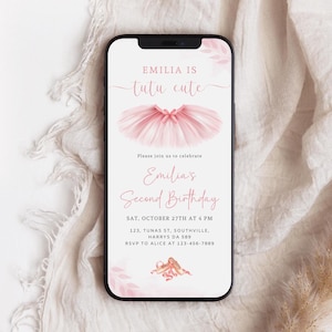 Modello di invito elettronico per il compleanno di ballerina in tutù, download digitale modificabile, invito di balletto per il 2° compleanno, invito carino senza carta per tutù