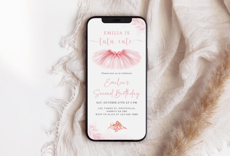Tutu Ballerina Birthday Electronic Invitation Template Editable Digital Download, 2nd Birthday Ballet Evite, Tutu Cute Paperless Invitation