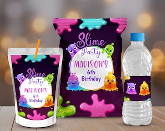 Kit per festa di compleanno a tema slime, sacchetto per patatine, borraccia, etichette Caprisun (stampabili)