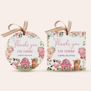 Editable Farm Birthday Favor Tags, Pink Barnyard Birthday Gift Tags, Farm Animals First Birthday Party Thank you Tag Decor Template, B365