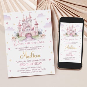 Convite de aniversário de princesa, convite para festa de aniversário do castelo da princesa Magical Day, convite para impressão, modelo de convite digital editável, B290