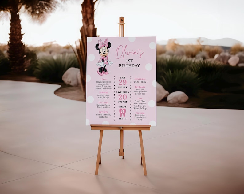 Editable Minnie Mouse Milestone Poster, First Year Minnie Birthday Poster for girls, B714