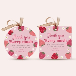 Etiqueta de lembrancinha de festa de aniversário de frutas vermelhas editável, etiqueta de agradecimento de morango, etiqueta de presente de morango, etiqueta de presente de frutas vermelhas, muito obrigado, frutas vermelhas, B408