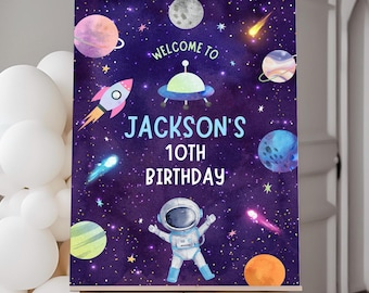 Astronaut Birthday Welcome Sign, Galaxy Planet Poster (Editable Template)