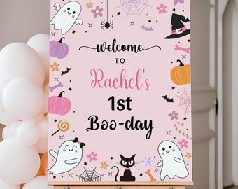 Letrero rosa de bienvenida de cumpleaños con fantasma de Halloween, decoración editable para fiestas (descarga digital)