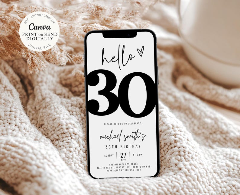 Editable 30th Birthday Invitation, 30th E-Invite, 30th Birthday Evite, 30th Party Invitation, Digital 30th Invitation, Digital Invitation