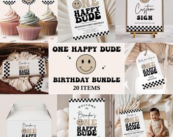 One Happy Dude Birthday Invitation Bundle, Retro Smiley Face (Editable, Printable)