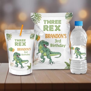 May include: Three Rex, Brandon's 3rd Birthday party favors.  A green juice box, a bag of chips, and a water bottle with a dinosaur design.